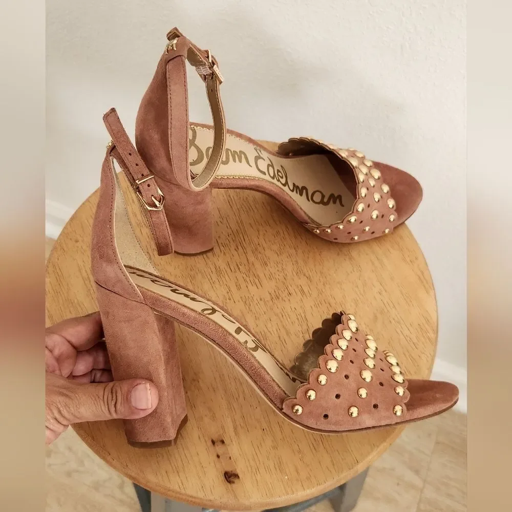 Sam Edelman Yaria Studded Suede Block-Heel Sandals in Rose Size 8.5